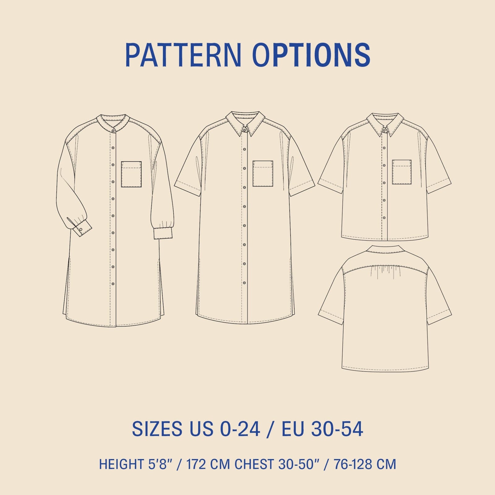 Pattern options for a shirt with various sizes and patterns on a beige background.