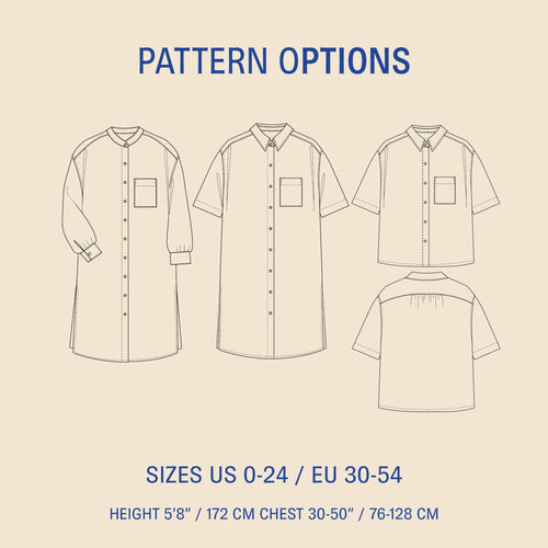 Pattern options for a shirt with various sizes and patterns on a beige background.